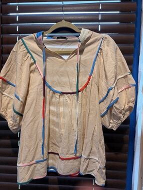 Cream Peasant Blouse with Multicolor Trim